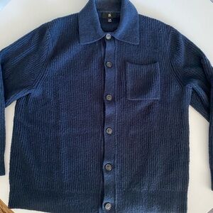 Navy Blue Ribbed Bouclé Polo Cardigan